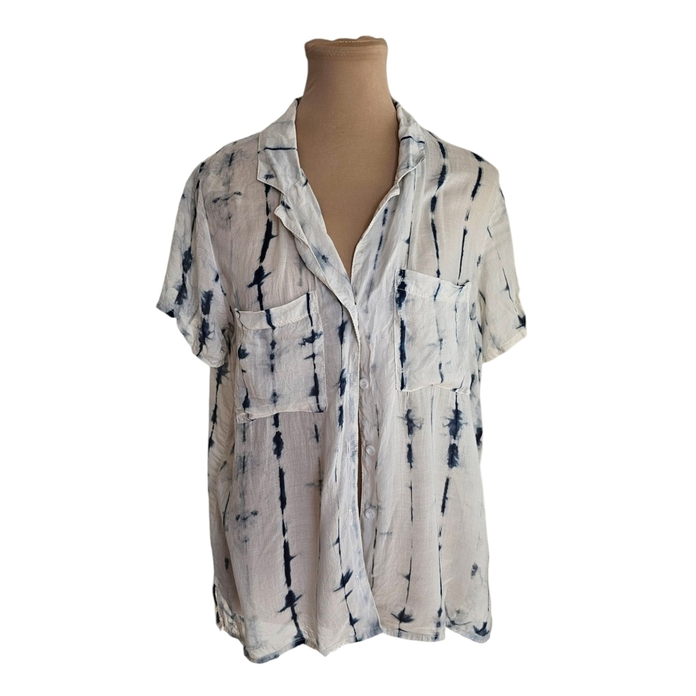 cloth & stone White and Navy Stripe Tie-Dye Button Front Shirt
